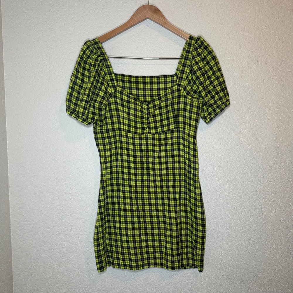 Noisy May Womens L Dress Neon Green Yellow Plaid Short Sleeve Mini Emo Goth Twee